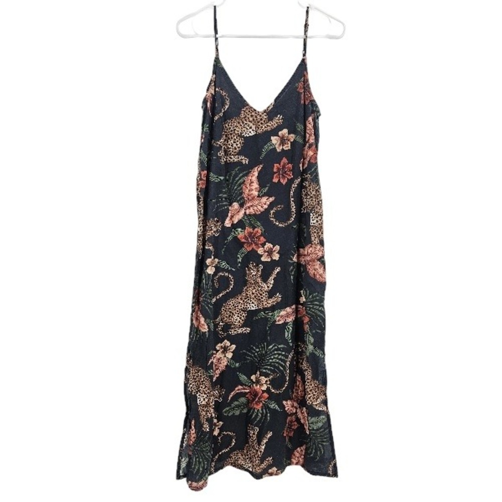 Floral Leopard Print Slip Midi Dress - Black/Pink